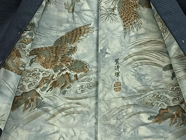 平和屋着物●男性 紬 アンサンブル 100亀甲 羽裏：鷹 正絹 逸品 未使用 BAAW0919hj