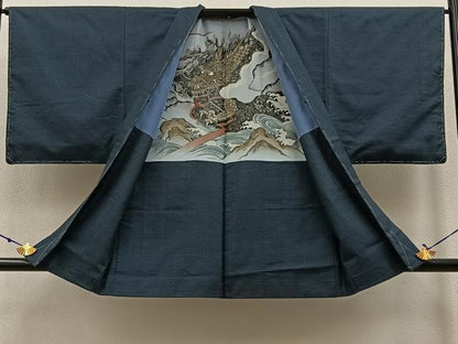 平和屋着物●男性　本場大島紬　アンサンブル　100亀甲　総詰め　羽裏：龍　正絹　逸品　未使用　BAAW0923hj