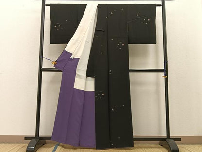 平和屋着物●上質な小紋　総刺繍　丁字　有職文様　黒地　金糸　正絹　逸品　BAAW0972hj