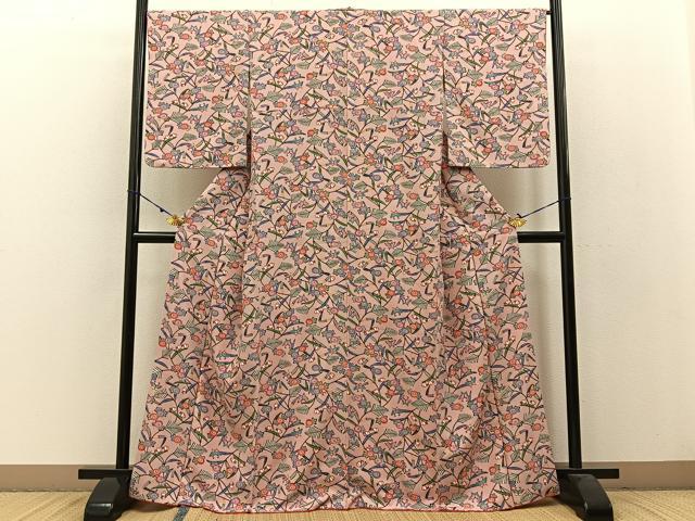 平和屋着物●上質な小紋 紅型 花蝶文 正絹 逸品 BAAW0975hj