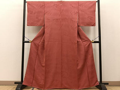 平和屋着物●上質な色無地 吉祥地紋 銀朱色 正絹 逸品 未使用 BAAW0976hj