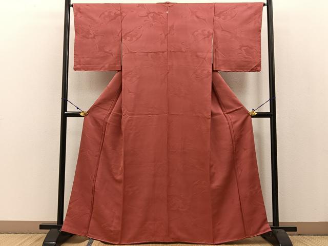 平和屋着物●上質な色無地 吉祥地紋 銀朱色 正絹 逸品 未使用 BAAW0976hj