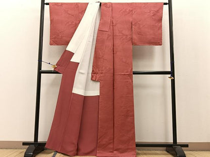 平和屋着物●上質な色無地 吉祥地紋 銀朱色 正絹 逸品 未使用 BAAW0976hj
