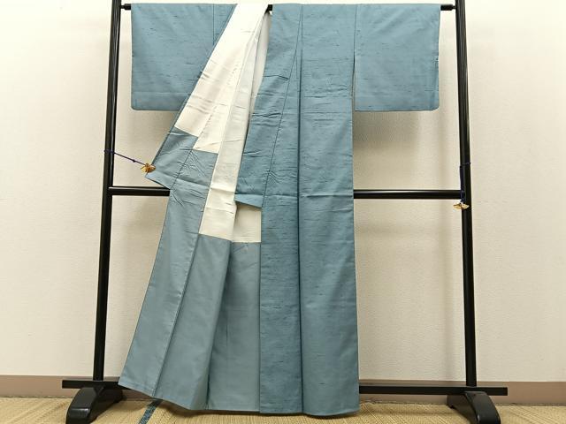 平和屋着物●本加賀友禅作家　岡本幸治　紬　色無地　水浅葱色　正絹　逸品　BAAW0986hj 平和屋着物○本加賀友禅作家 岡本幸治 紬 色無地 水浅葱色