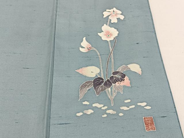平和屋着物●本加賀友禅作家　岡本幸治　紬　色無地　水浅葱色　正絹　逸品　BAAW0986hj