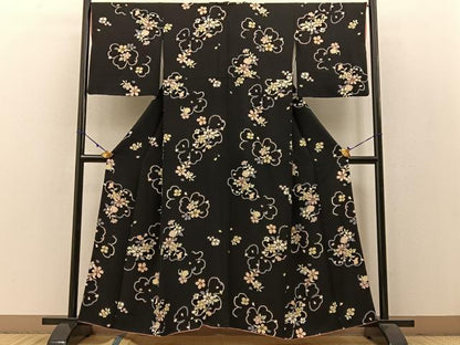平和屋着物●上質な小紋 舞花文 黒地 金彩 正絹 逸品 BAAW0990hj