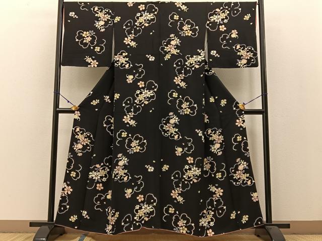 平和屋着物●上質な小紋 舞花文 黒地 金彩 正絹 逸品 BAAW0990hj