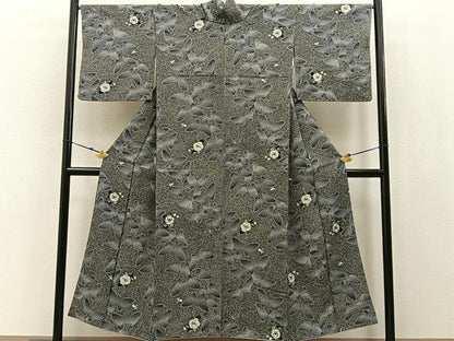 平和屋着物●上質な小紋 花蝶文 たたき染め 黒地 金銀彩 正絹 逸品 BAAW0993hj