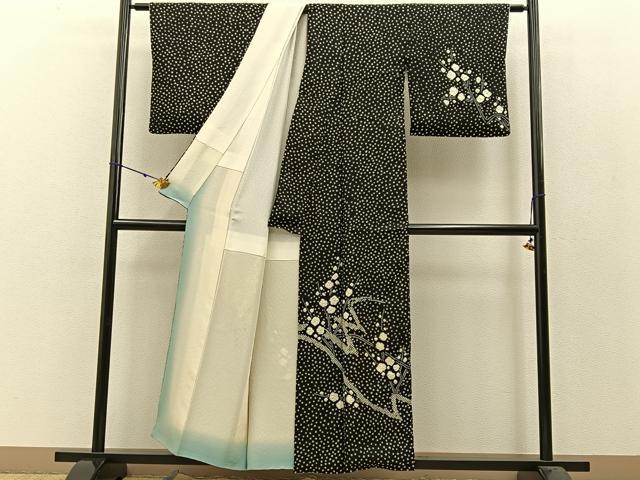 平和屋着物●訪問着 総絞り 枝梅文 黒地 正絹 逸品 BAAW0994hj