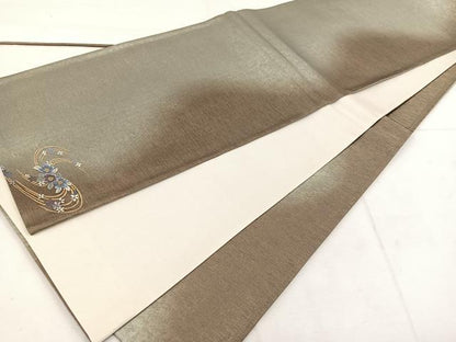 平和屋着物◎全通柄袋帯　ワンポイント　草花文　金糸　正絹　逸品　BAAW1013mz