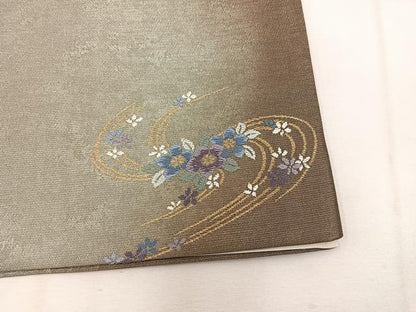 平和屋着物◎全通柄袋帯　ワンポイント　草花文　金糸　正絹　逸品　BAAW1013mz
