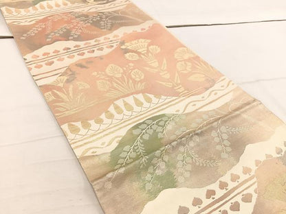 平和屋着物◎六通柄袋帯 草花文 金糸 正絹 逸品 BAAW1018mz