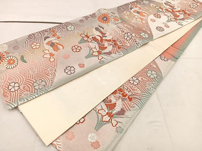 平和屋着物◎六通柄袋帯 唐織 鴛鴦花文 銀糸 正絹 逸品 BAAW1020mz