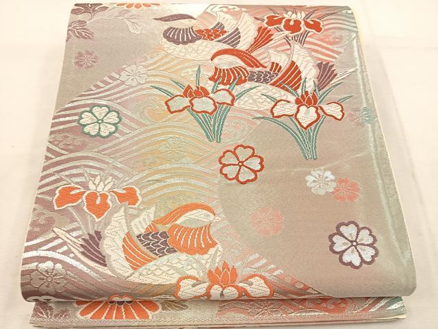 平和屋着物◎六通柄袋帯 唐織 鴛鴦花文 銀糸 正絹 逸品 BAAW1020mz