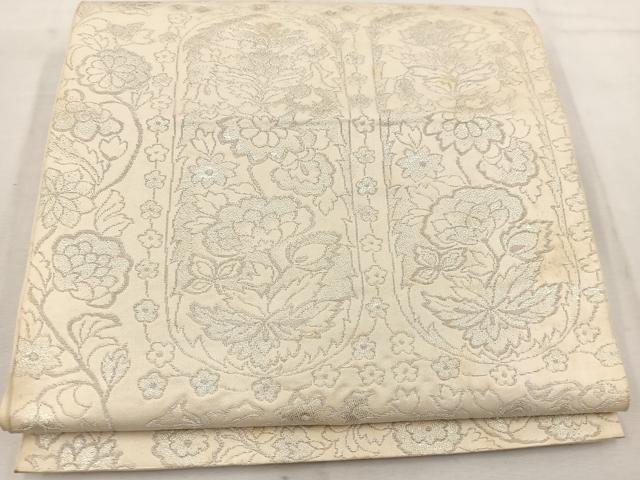 平和屋着物◎六通柄袋帯　更紗花文　銀糸　正絹　逸品　BAAW1021mz