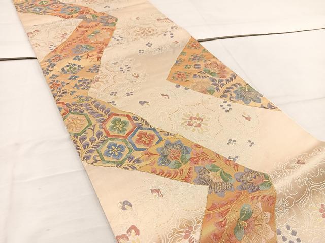 平和屋着物◎西陣 六通柄袋帯 草花文 金糸 証紙付き 正絹 逸品 BAAW1022mz