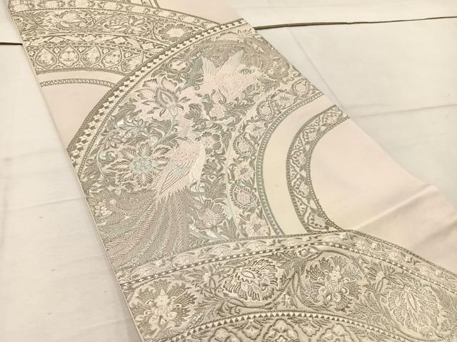 平和屋着物◎六通柄袋帯 草花鳥文様更紗 銀糸 正絹 逸品 BAAW1031mz