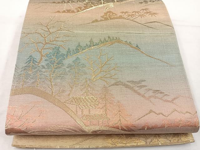 平和屋着物◎六通柄袋帯 遠山風景文 金糸 正絹 逸品 BAAW1034mz