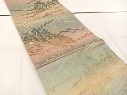 平和屋着物◎六通柄袋帯 遠山風景文 金糸 正絹 逸品 BAAW1034mz