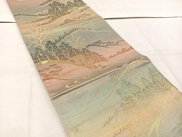 平和屋着物◎六通柄袋帯 遠山風景文 金糸 正絹 逸品 BAAW1034mz
