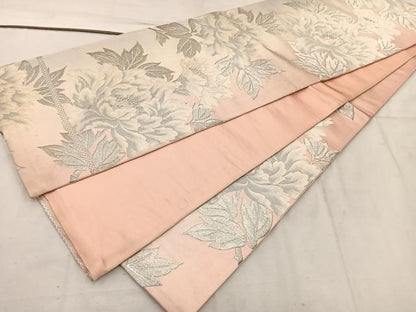 平和屋着物◎六通柄袋帯 唐織 牡丹 銀糸 正絹 逸品 BAAW1035mz