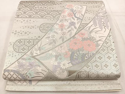 平和屋着物◎六通柄袋帯 唐織 花車文 銀糸 正絹 逸品 BAAW1039mz