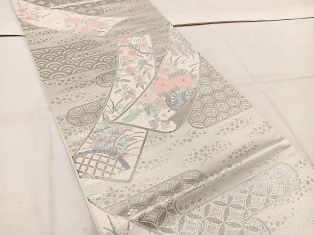 平和屋着物◎六通柄袋帯 唐織 花車文 銀糸 正絹 逸品 BAAW1039mz