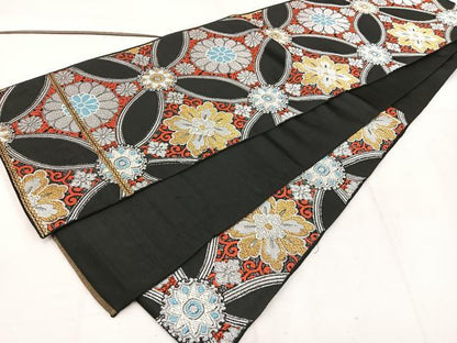 平和屋着物◎六通柄袋帯　菊花文　黒地　金銀糸　正絹　逸品　BAAW1042mz