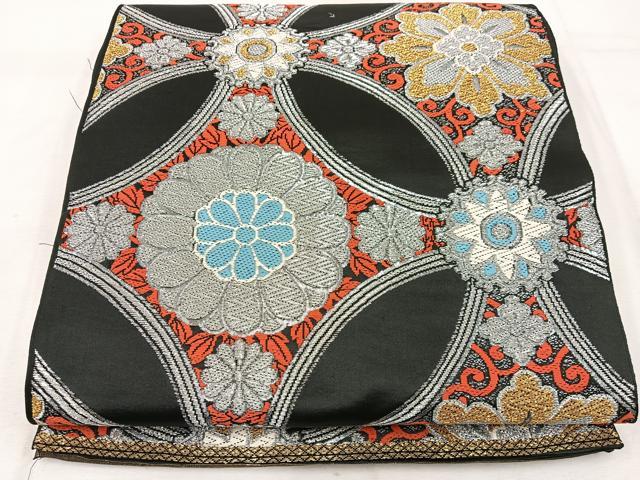 平和屋着物◎六通柄袋帯　菊花文　黒地　金銀糸　正絹　逸品　BAAW1042mz