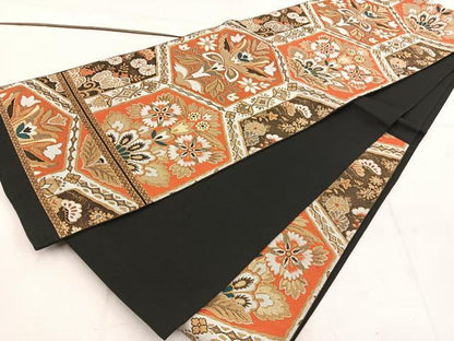 平和屋着物◎六通柄　京袋帯　本袋帯　亀甲更紗花文　黒地　金糸　正絹　逸品　BAAW1053mz