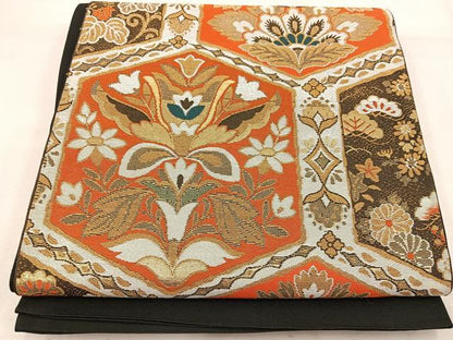 平和屋着物◎六通柄　京袋帯　本袋帯　亀甲更紗花文　黒地　金糸　正絹　逸品　BAAW1053mz