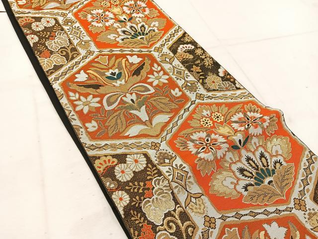 平和屋着物◎六通柄　京袋帯　本袋帯　亀甲更紗花文　黒地　金糸　正絹　逸品　BAAW1053mz