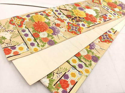 平和屋着物◎六通柄袋帯　唐織　花車文　金糸　正絹　逸品　BAAW1054mz