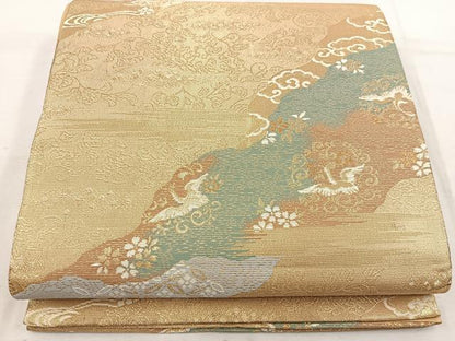 平和屋着物◎六通柄袋帯　流水飛鶴花文　金糸　正絹　逸品　BAAW1059mz