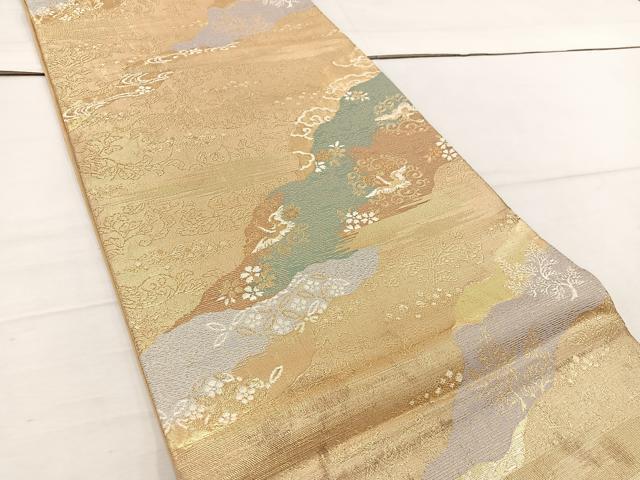 平和屋着物◎六通柄袋帯　流水飛鶴花文　金糸　正絹　逸品　BAAW1059mz