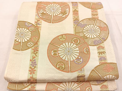 平和屋着物◎六通柄袋帯　扇面花蝶丸文　金銀糸　正絹　逸品　BAAW1061mz