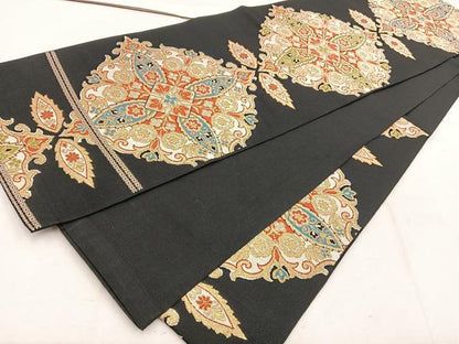 平和屋着物◎六通柄 本袋帯 宝相華 黒地 金糸 正絹 逸品 BAAW1063mz