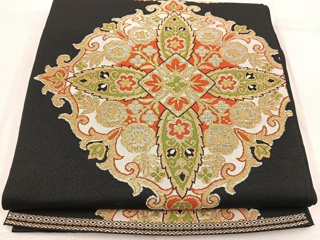 平和屋着物◎六通柄 本袋帯 宝相華 黒地 金糸 正絹 逸品 BAAW1063mz