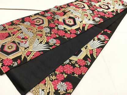 平和屋着物◎六通柄袋帯 鳳凰亀甲花文 黒地 金銀糸 正絹 逸品 BAAW1064mz