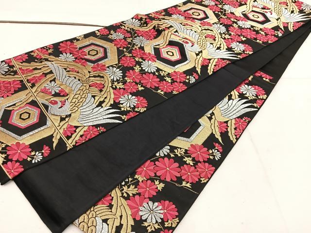 平和屋着物◎六通柄袋帯 鳳凰亀甲花文 黒地 金銀糸 正絹 逸品 BAAW1064mz