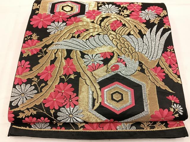 平和屋着物◎六通柄袋帯 鳳凰亀甲花文 黒地 金銀糸 正絹 逸品 BAAW1064mz
