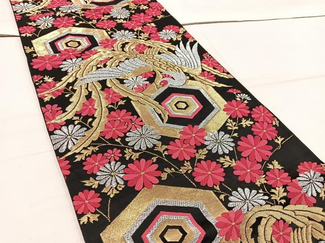 平和屋着物◎六通柄袋帯 鳳凰亀甲花文 黒地 金銀糸 正絹 逸品 BAAW1064mz