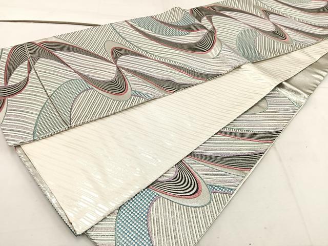 平和屋着物◎六通柄袋帯 幾何学文様 銀糸 正絹 逸品 BAAW1072mz