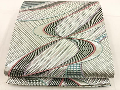 平和屋着物◎六通柄袋帯 幾何学文様 銀糸 正絹 逸品 BAAW1072mz