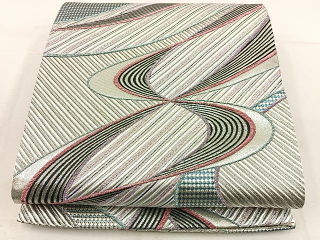 平和屋着物◎六通柄袋帯 幾何学文様 銀糸 正絹 逸品 BAAW1072mz