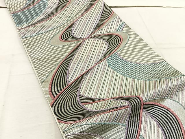 平和屋着物◎六通柄袋帯 幾何学文様 銀糸 正絹 逸品 BAAW1072mz
