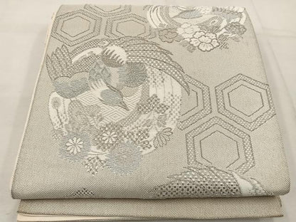 平和屋着物◎六通柄 京袋帯 花蝶丸文 銀糸 正絹 逸品 BAAW1083mz