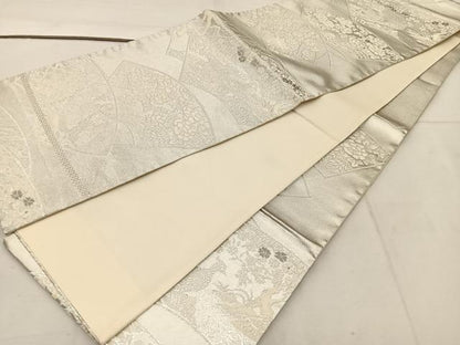 平和屋着物◎六通柄袋帯 地紙重ね花鳥文 プラチナ箔二重織 正絹 逸品 BAAW1090mz
