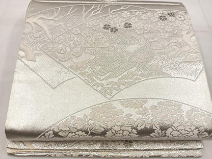 平和屋着物◎六通柄袋帯 地紙重ね花鳥文 プラチナ箔二重織 正絹 逸品 BAAW1090mz