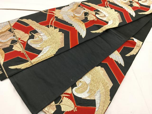 平和屋着物◎六通柄袋帯 亀甲向かい鶴 黒地 金銀糸 正絹 逸品 BAAW1097mz